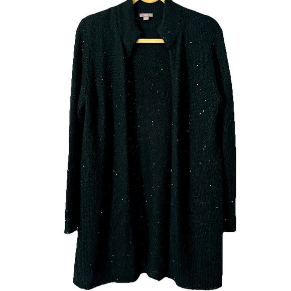 J Jill Cardigan L Black Mohair Blend Office Siren Open Front Sparkles Long Line - Picture 1 of 6
